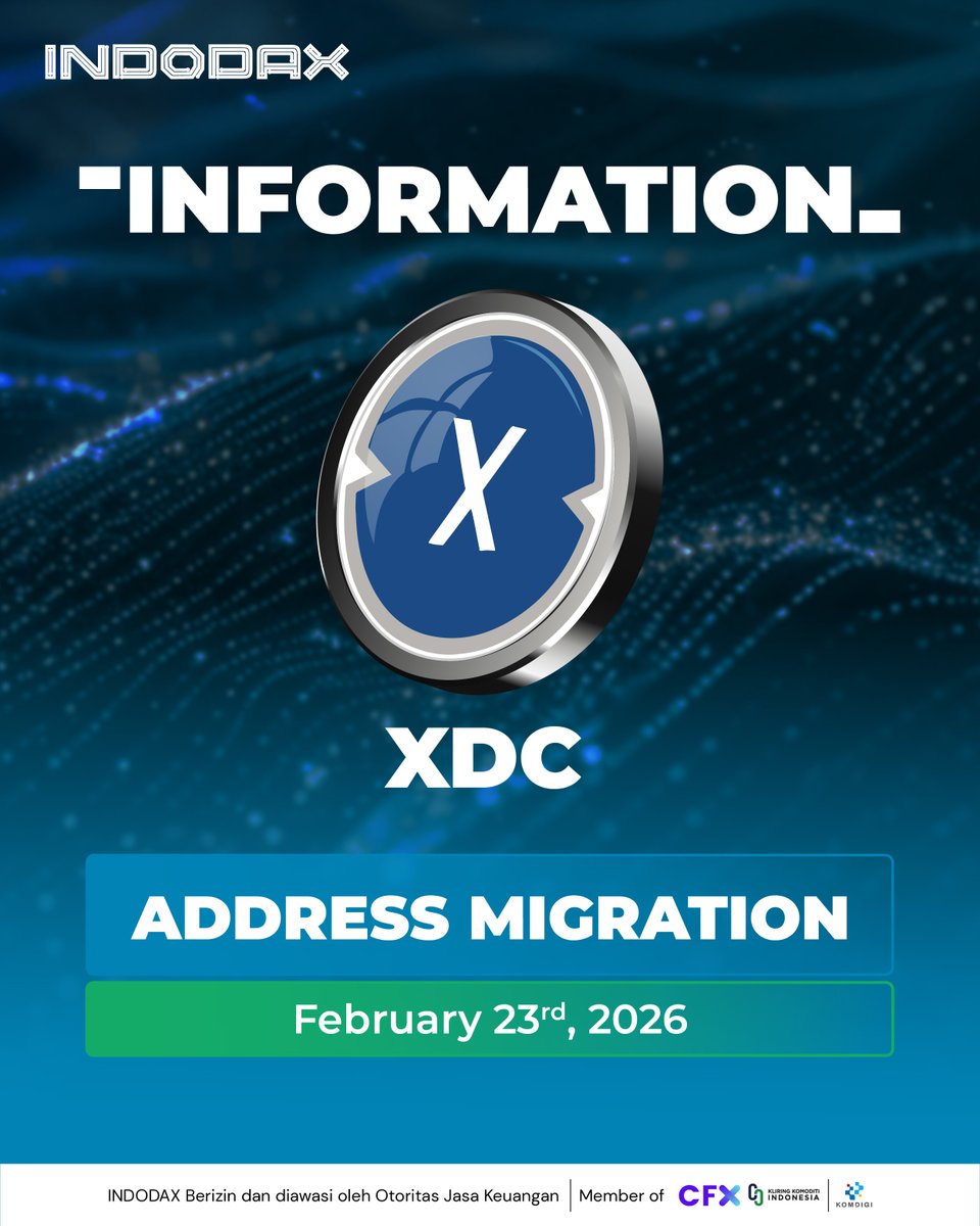 indodax's tweet photo. Kami menginformasikan bahwa INDODAX akan melakukan perubahan pada alamat deposit aset kripto XDC sehubungan dengan upgrade pada jaringan XCD. Alamat deposit XDC akan diperbarui pada Senin, 23 Februari 2026, pukul 14.00 WIB. 

Kami menghimbau member INDODAX untuk melakukan pembaruan address baru XDC. 

Selengkapnya: https://t.co/Gci7ubPhHL 

#INDODAX #AsetMasaDepan