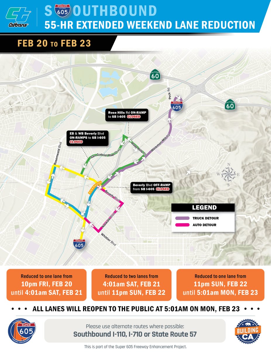 55-HOUR LANE REDUCTIONS FOR SB I-605 🚧 Pico Rivera: Southbound I