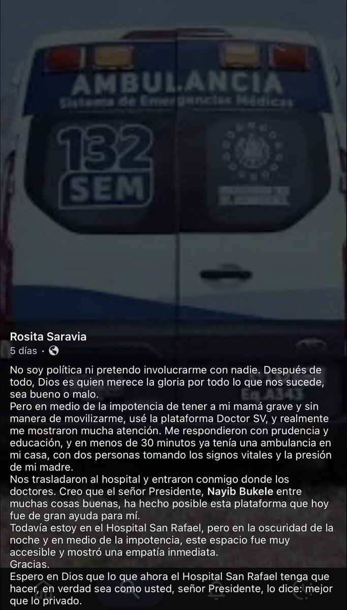 ÚltimaHora | DOCTORSV CONFIRMA EL CAMBIO EN LA SALUD PÚBLICA

En medio de la desesperación por tener a su madre grave, una salvadoreña recurrió a la plataforma DoctorSV y recibió atención inmediata. Una ambulancia llegó a su vivienda, el personal médico estabilizó a la paciente y