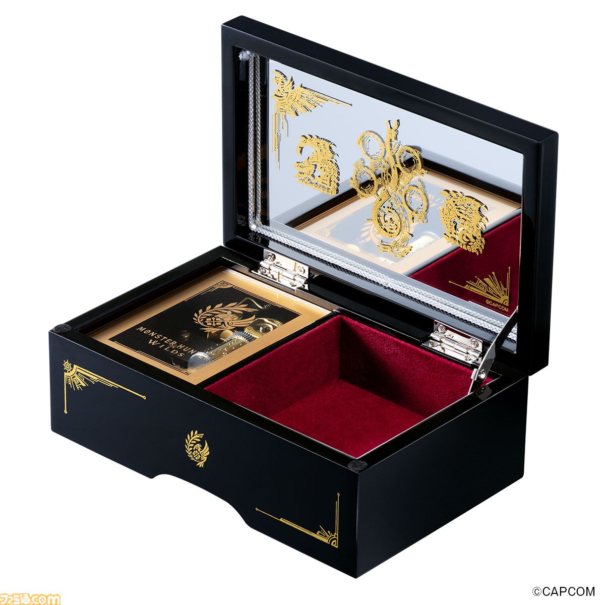 『モンハン』のメインテーマ『英雄の証』を奏でるオルゴール。伝統工芸“会津塗”で豪華に表現
famitsu.com/article/202602…

『ワイルズ』のシンボルマークや、リオレウス＆リオレイアを金彩蒔絵で描く。職人たちが1点1点手がける限定1000個の販売

#モンハンワイルズ #MHWilds