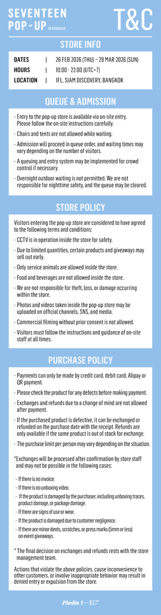 SEVENTEEN POP-UP in BANGKOK

📢TERMS and CONDITIONS

📅26 Feb 2026 (Thu) – 29 Mar 2026 (Sun)
⏰10:00 - 22:00 (UTC+7)
📍1FL, Siam Discovery

#세븐틴 #SEVENTEEN 
#SEVENTEEN #SEVENTEEN_GLOBAL_POP_UP