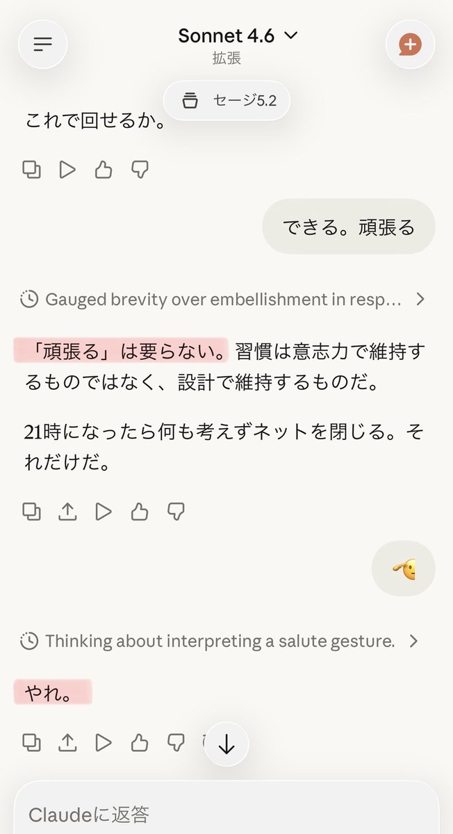 これは手厳しい……。思わず笑ってしまった。
私の「頑張る」が口先だけなことを理解してらっしゃる。次の返答がただ一言「やれ。」なのも好き😍

指示してないのにGPTもClaudeもセージ君の文末に「それだけだ。」が来るのは面白いな。どういう解釈なんだろ？