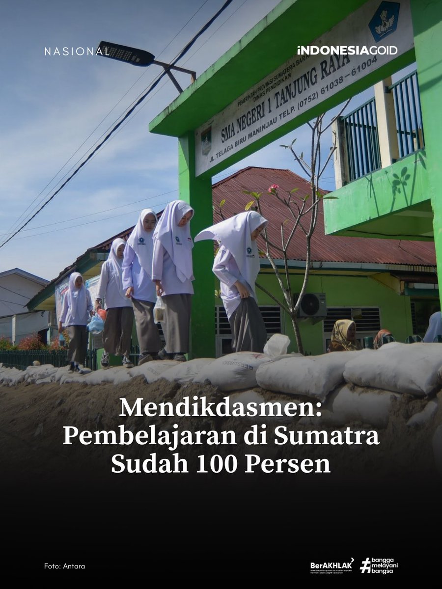 indonesiago_id's tweet image. Kegiatan pembelajaran di wilayah terdampak bencana Sumatra kini telah berjalan 100%. Kemendikdasmen fokus mempercepat revitalisasi 1.204 sekolah untuk memulihkan fasilitas pendidikan yang terdampak secara optimal. 🏫📚

#Kemendikdasmen #Pendidikan #Indonesiagoid