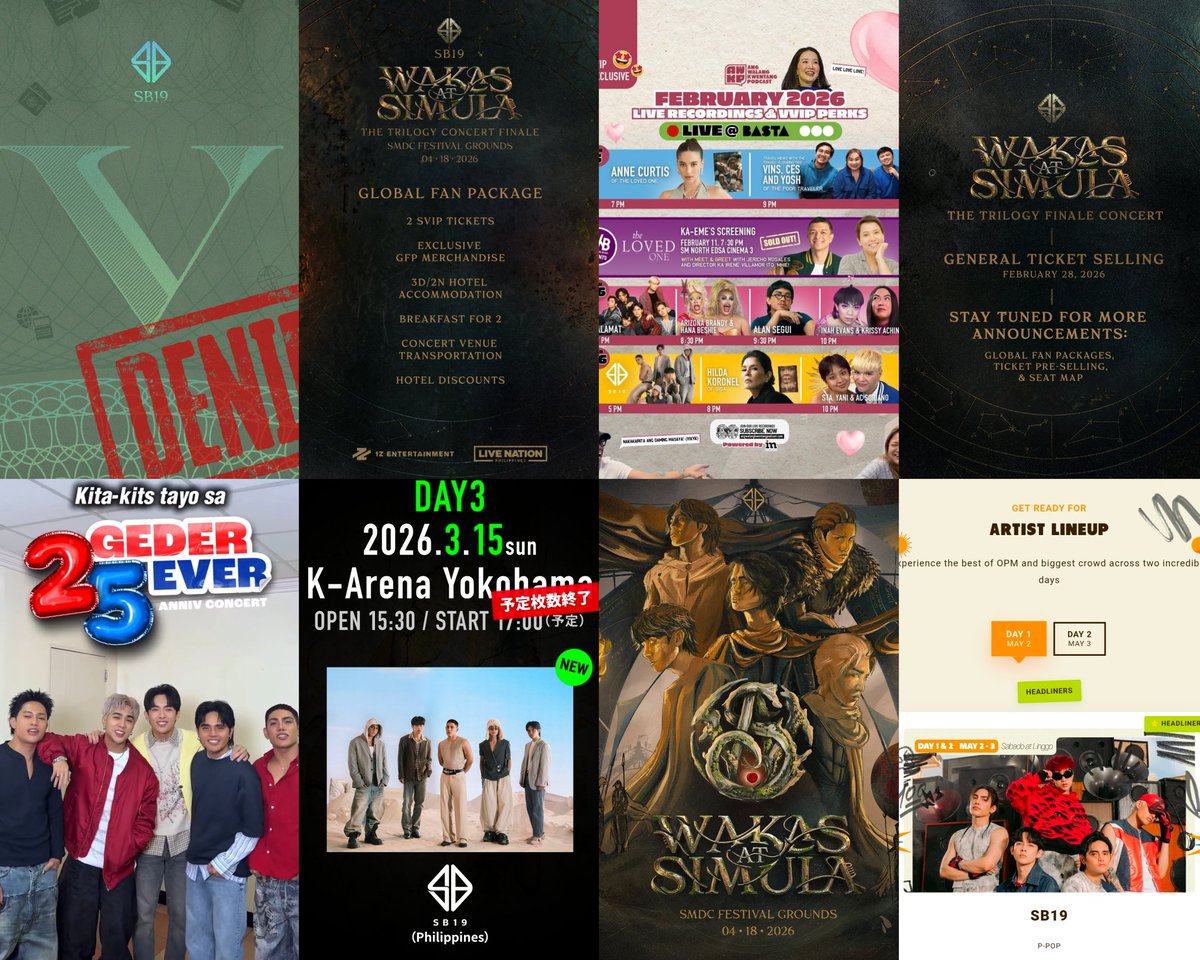 angelica_aiza's tweet image. #SB19 SCHEDULER

02.20.26 - 'VISA' release
02.26.26 - WaS Concert GFP &amp;amp; TIX Presale
02.26.26 - AWKP
02.28.26 - WaS Concert Ticket General Onsale
03.07.26 - TM 2geder 5ever Concert
03.15.26 - D.U.N.K Showcase
04.18.26 - WaS Trilogy Finale Concert
05.02-03.26- Aurora Music Festival