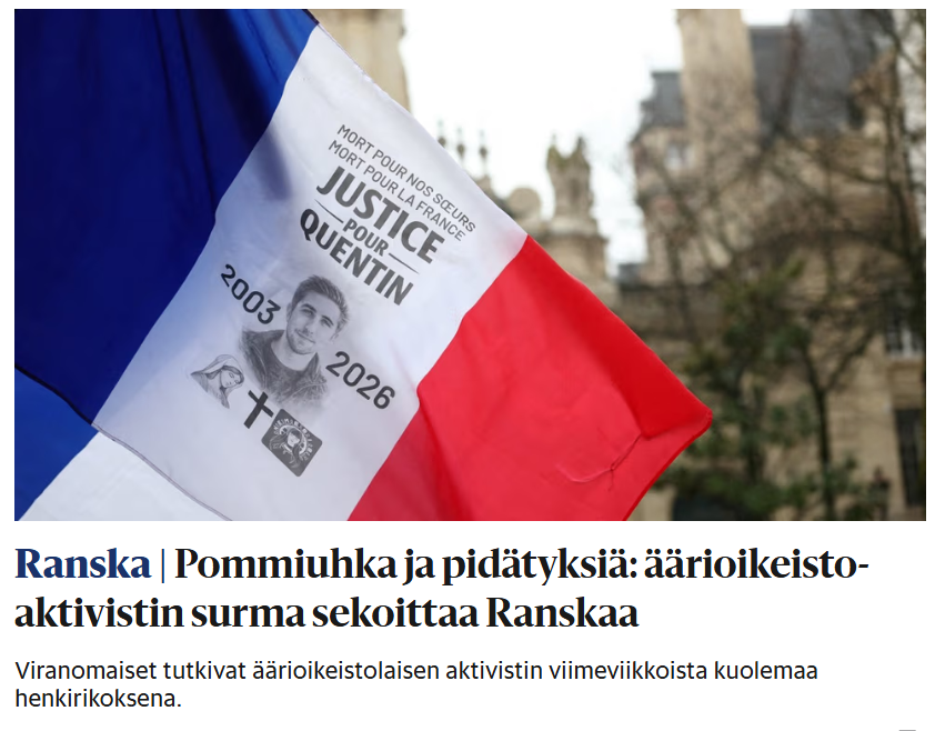 Kas näin luomme mielikuvia. Siinä missä ICE:n uhriksi joutui 'asioillaan oleva perheenäiti' ja 'sairaanhoitaja', niin Ranskassa antifantit surmasivat 'äärioikeistoaktivistin'.

Siis ei esimerkiksi 'uskonnosta ja filosofiasta kiinnostunutta yliopisto-opiskelijaa'. 🤷
#paskamedia