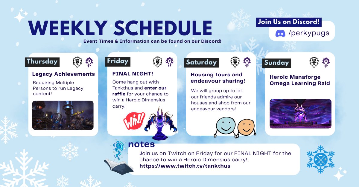 Check out our events for the rest of the week! REMINDER it's our LAST #FriendshipVoidwing run THIS FRIDAY with <a href="/MogPolice/">Mog Police ❄️</a> !! 

#worldofwarcraft #Midnight #Dimensius