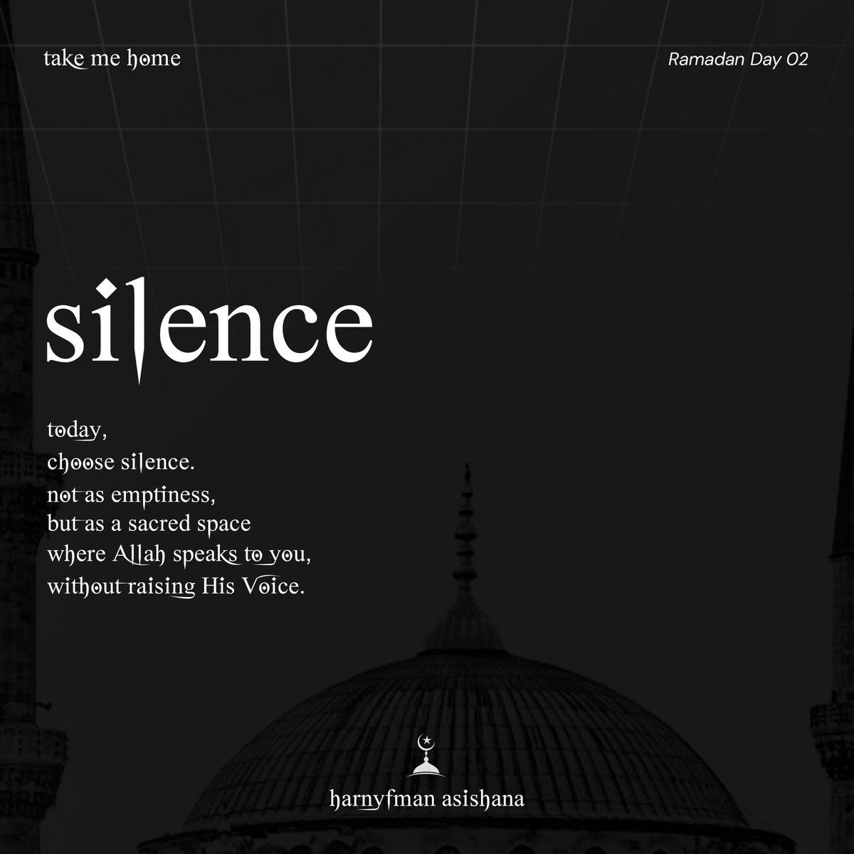 harnyfman's tweet photo. Day 2 | silence

silence in ramadan is not emptiness.
it is space—away from noise and distraction—where the heart becomes calm enough to notice Allah’s guidance.
Allah does not need to raise His voice; we need to quiet ours. https://t.co/KbCi7ttRxd