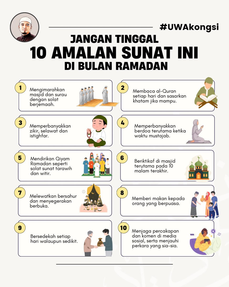 Jangan tinggalkan 10 amalan ini sepanjang Ramadan. Semoga Allah mengurniakan kita kekuatan dan keikhlasan untuk terus istiqamah hingga akhir.

#ustazwadiannuar #uwakongsi