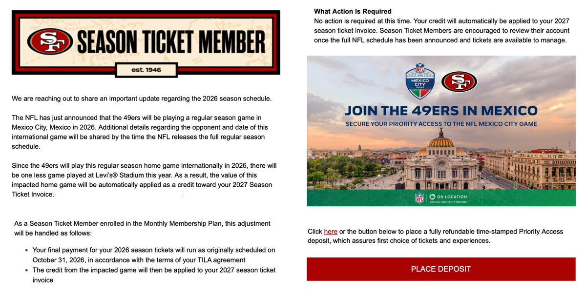 San Francisco 49ers email to Season Ticket Holders. Niners lose another regular season home game in 2026. #49ers will host in Mexico City, details TBD.
Despite losing a home game, STHs will still pay for it - now. 49ers to hold onto the $ for a year &amp; credit fans in 2027. #FTTB