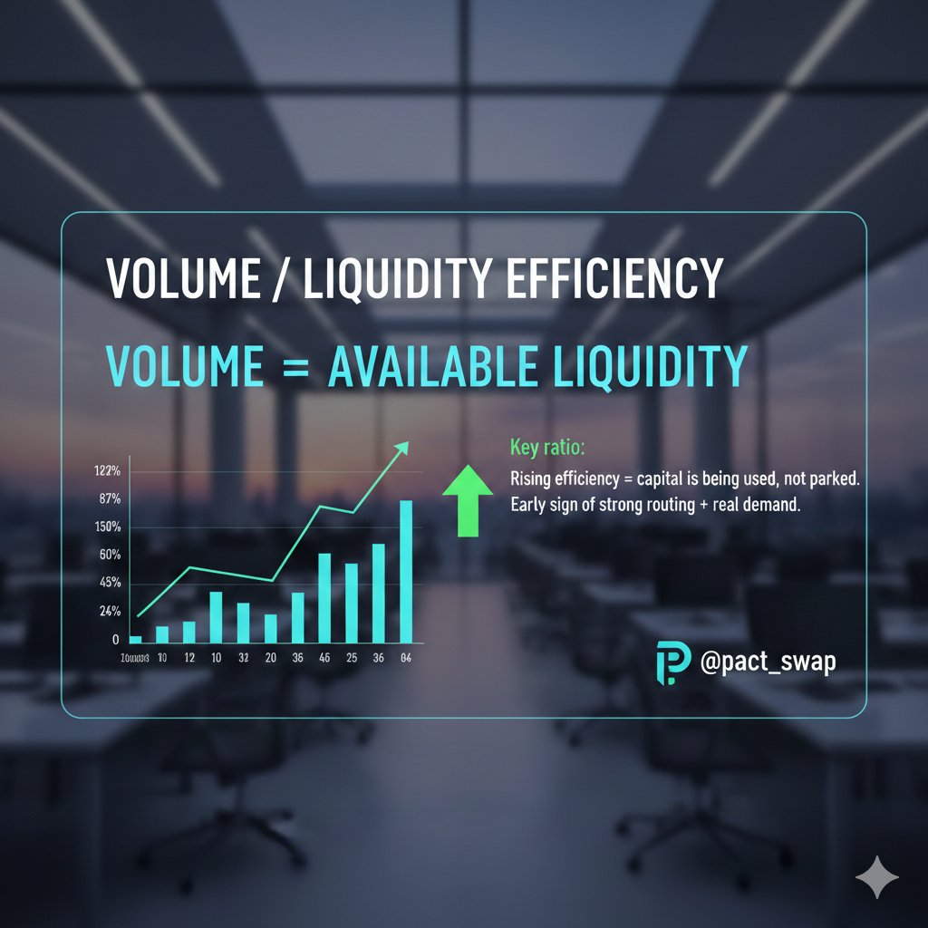 Volume / Liquidity Efficiency
Key ratio:

Volume ÷ Available Liquidity
Rising efficiency = capital is being used, not parked.
Early sign of strong routing + real demand. <a href="/Pact_Swap/">Pact Swap Labs</a>