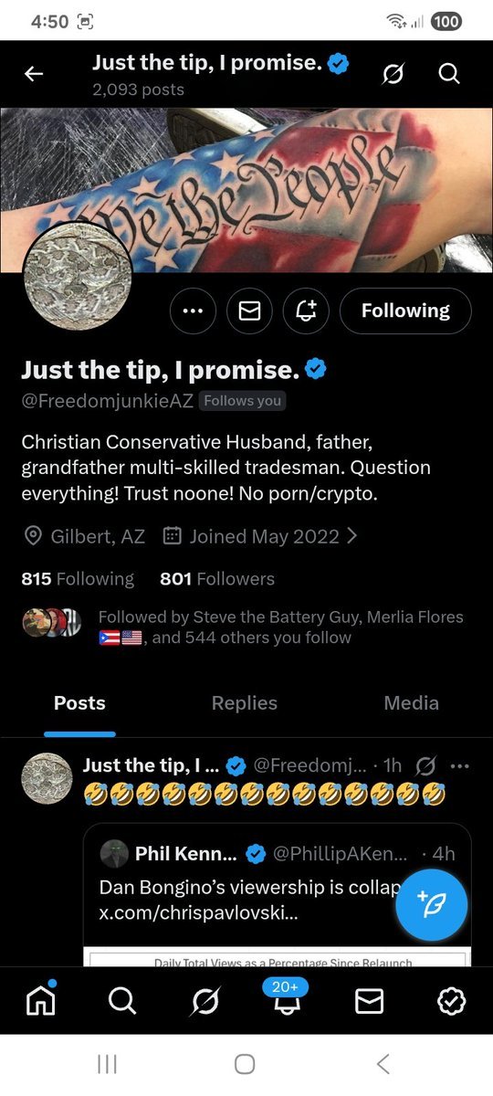 Is it possible to.take this patriot over the 1k mark they are looking for new connections 
<a href="/FreedomjunkieAZ/">Just the tip, I promise.</a> 
F&amp;R
💪🫶💯🇺🇸