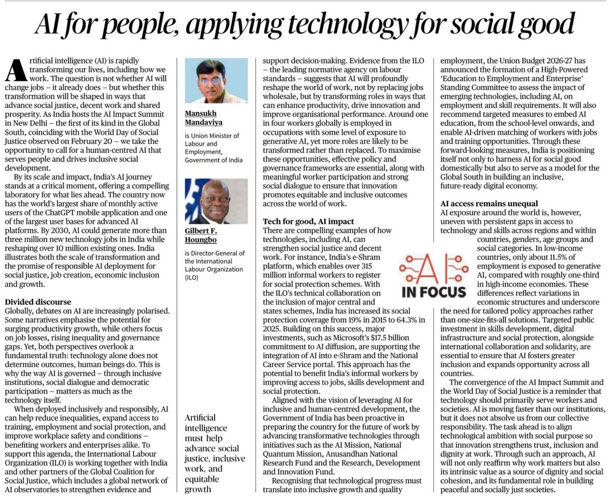 AI for People, Technology for Social Good!

Pleased to write alongside Director-General of <a href="/ilo/">International Labour Organization</a> Mr. <a href="/GilbertFHoungbo/">Gilbert F. Houngbo</a>, on harnessing AI as a force for social justice, inclusive growth, and worker empowerment.

Under the leadership of PM Shri <a href="/narendramodi/">Narendra Modi</a> ji, India is building
