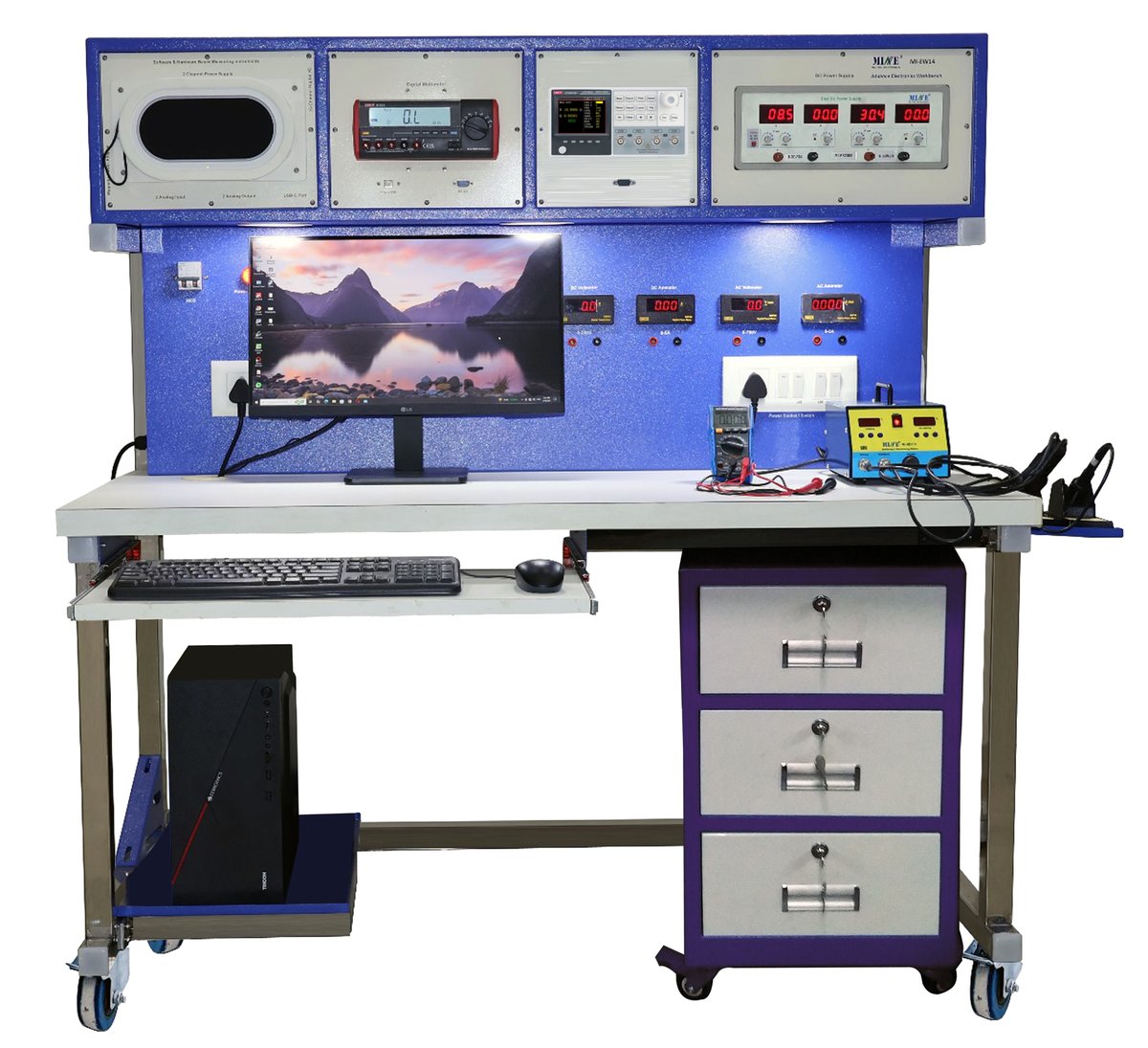 mineinstruments's tweet photo. MI-EW14 Advanced Electronics Workbench includes an instrument panel &amp; a working table, designed for students to learn &amp; carry out component testing &amp; soldering. #Instruments #Workbench #Lockablecasterwheels #mobility #Mine #MIEW14 #IIT #Advancedelectronicsworkbench #Testingbench https://t.co/cClal45nJI