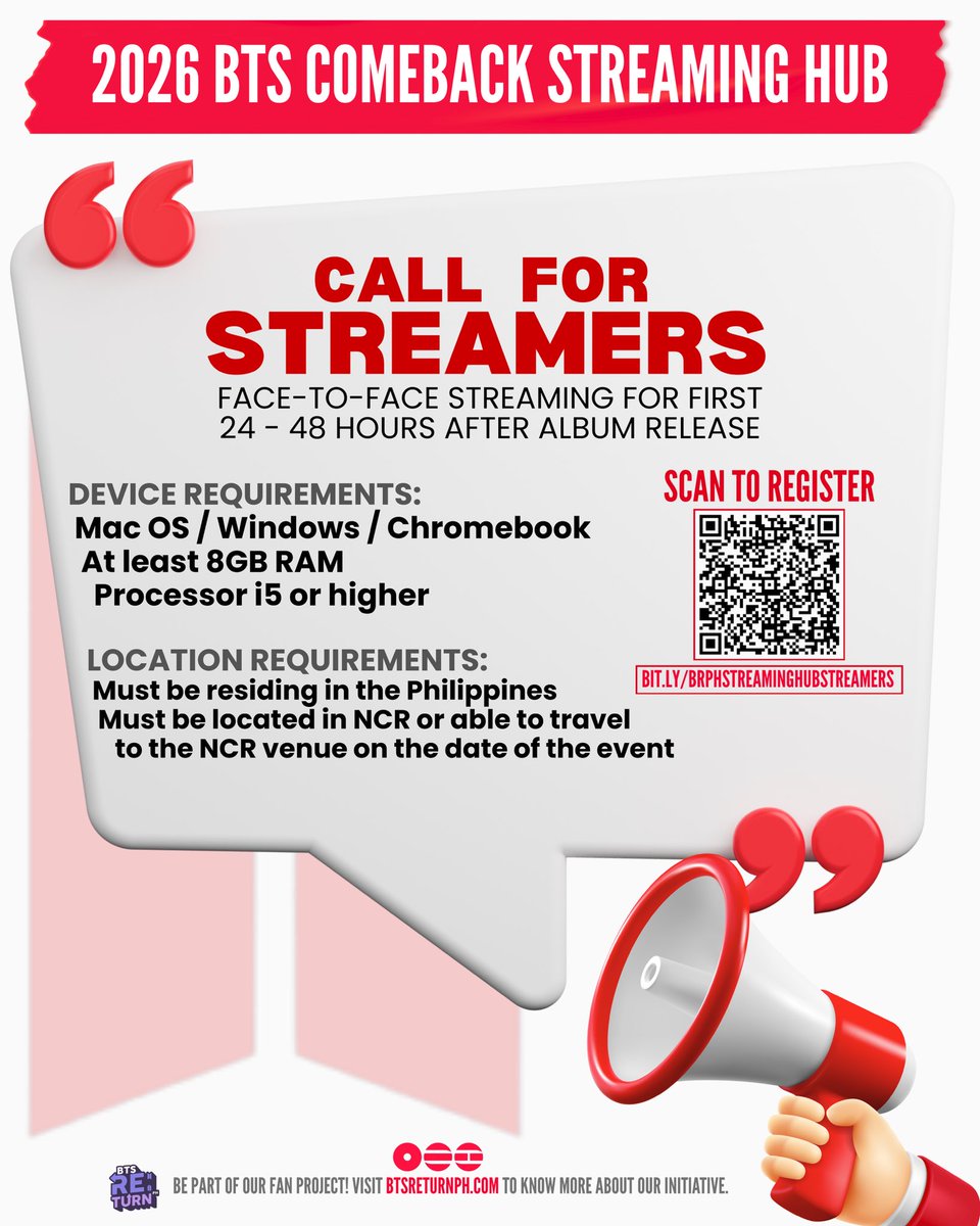 🚨 PH ARMY STREAMERS 🚨
The first 24–48 hrs of the BTS comeback are CRUCIAL. 

We need streamers:
📍 PH-based (NCR or willing to travel)
💻 Laptop-ready (meets device requirements) 

👉 bit.ly/BRPHStreamingH… 

ALL IN FOR BTS. 💜🇵🇭
#BTSRE_TURNPH
#PHARMYRANGsUnite
#BTS_ARIRANG