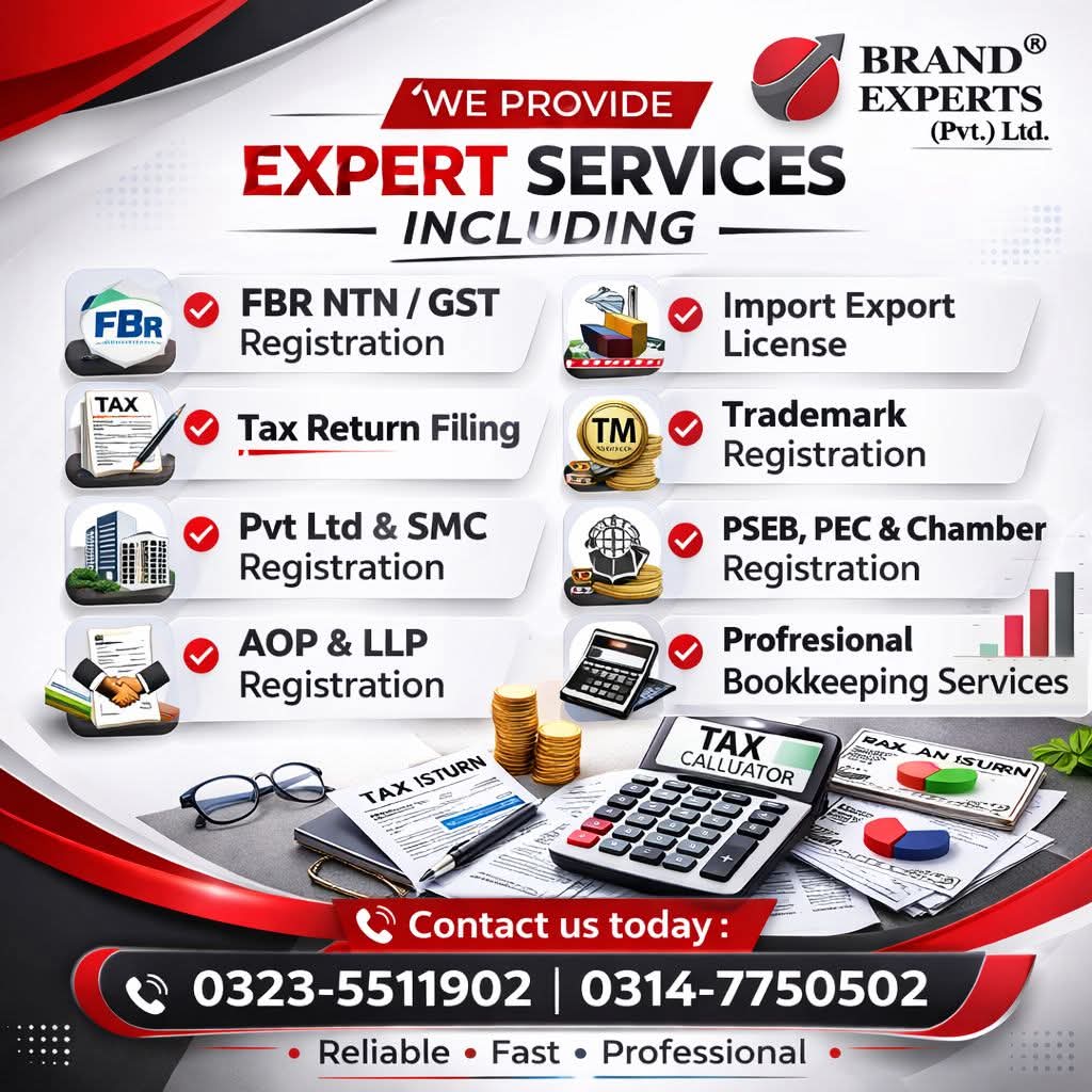 BrandExpertsPK's tweet photo. Grow your business with trusted corporate & tax solutions from Brand Experts (Pvt.) Ltd..
From NTN & GST registration to company formation, trademark, tax filing, and bookkeeping — we provide complete professional support under one roof.
Let our experts handle compliance while you focus on growth.
📞 Contact today for quick and reliable service.
Call / WhatsApp:
0323-5511902 | 0314-7750502
#BrandExperts #BrandExpertsPK #TaxConsultant #NTNRegistration #GSTRegistration #TaxFiling #CompanyRegistration #TrademarkRegistration #ImportExportLicense #BusinessConsultant #PakistanBusiness #SMCRegistration #BookkeepingServices #EntrepreneurSupport