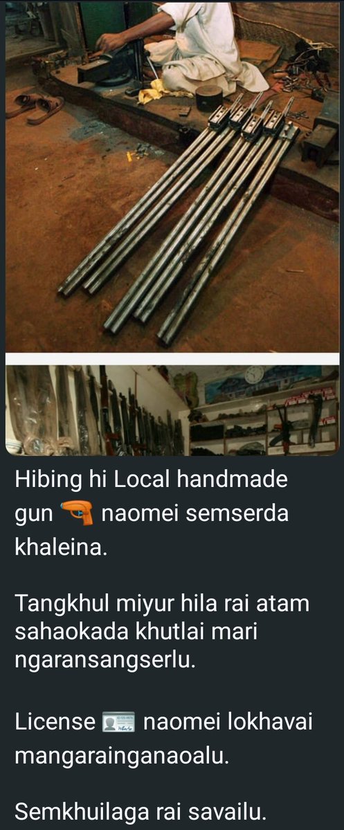 BREAKING NEWS

Leaked photos of illegal gun factory in Ukhrul, Kamjong and Phungyar belonging to Tangkhuls emerge. Single bore shot guns are being manufactured extensively. Situation is spiralling out if control <a href="/ANI/">ANI</a> <a href="/NIA_India/">NIA India</a> <a href="/Spearcorps/">SpearCorps.IndianArmy</a> <a href="/official_dgar/">The Assam Rifles</a> <a href="/thewire_in/">The Wire</a> <a href="/NELiveTV/">Northeast Live</a>