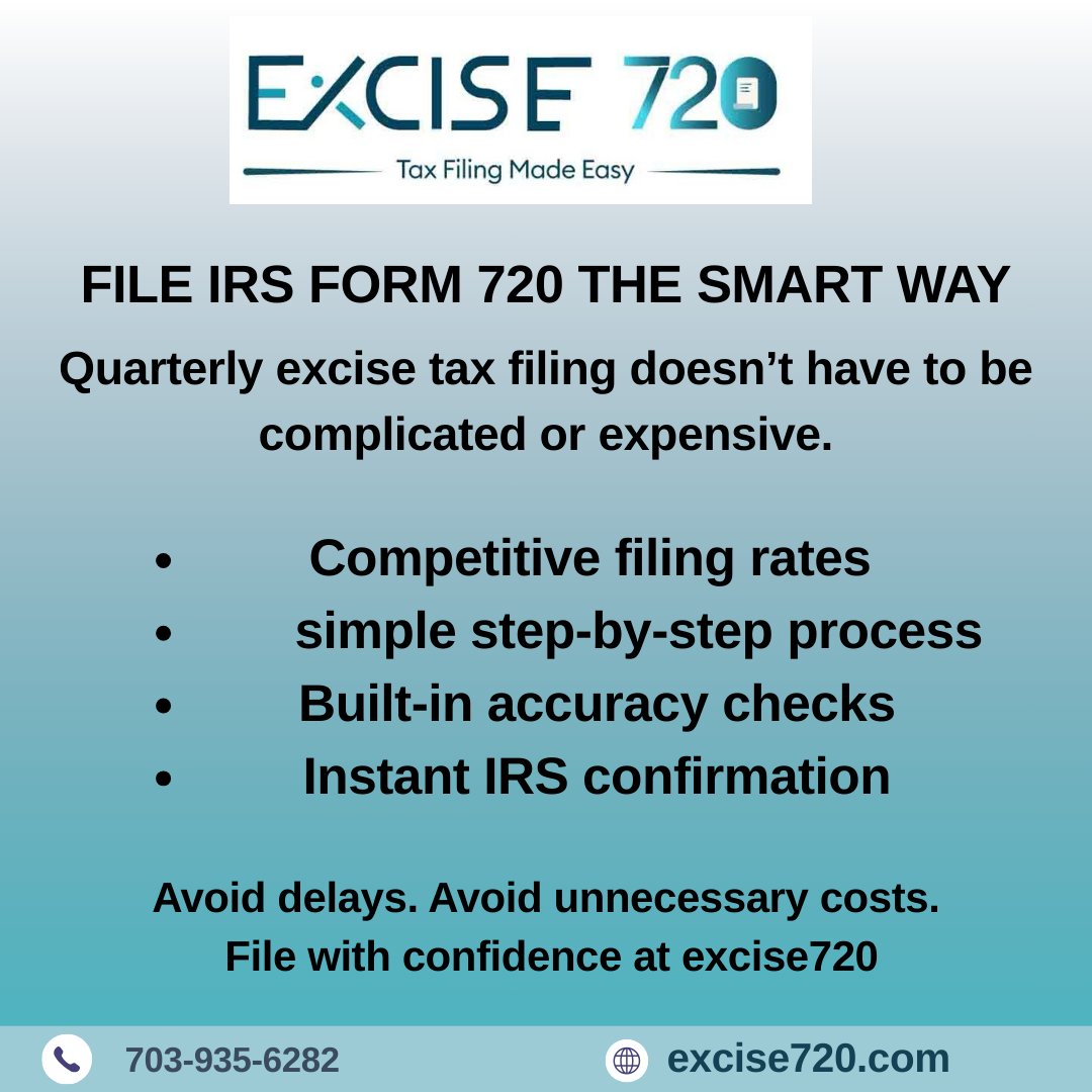 excise720's tweet image. Filing IRS Form 720 doesn’t have to be complicated or expensive.
With Excise720, you get a streamlined and cost-effective way to handle your quarterly excise tax filing.
Avoid delays
File with excise720.com
📞

#Form720 #ExciseTax #TaxDeadline #LateTaxFiling