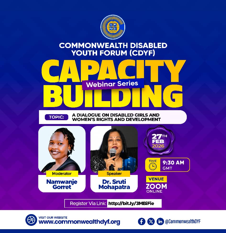 Join us for the next Capacity Building Webinar by the Commonwealth Disabled Youth Forum 🌍
I’ll be moderating a dialogue on Disabled Girls, Women’s Rights &amp; Development with Dr. Sruti Mohaptra.
📅 27 Feb 2026 | ⏰ 9:30 AM GMT | 💻 Zoom
🔗 Register: commonwealthdyf.org/events/a-dialo…