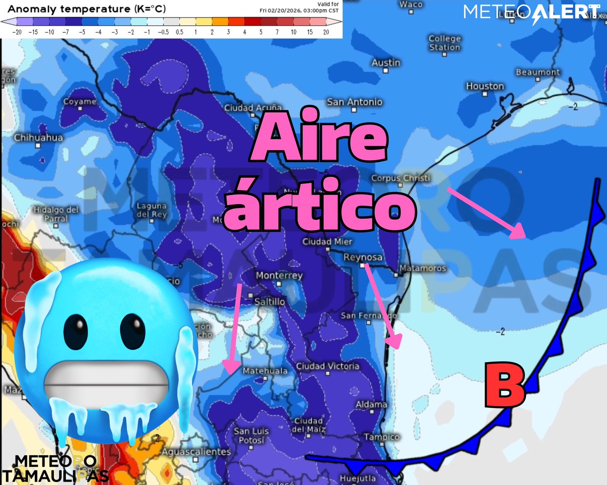 MeteoroTamps's tweet photo. 🥶 EL FRÍO AÚN TIENE HISTORIA QUE CONTAR

🔵🐻‍❄️ Se mantiene la probabilidad de que una masa de aire ártico alcance el territorio tamaulipeco durante el fin de semana.

Aunque aún puede variar un poco su intensidad, el patrón atmosférico favorecería un nuevo descenso notorio en las temperaturas.