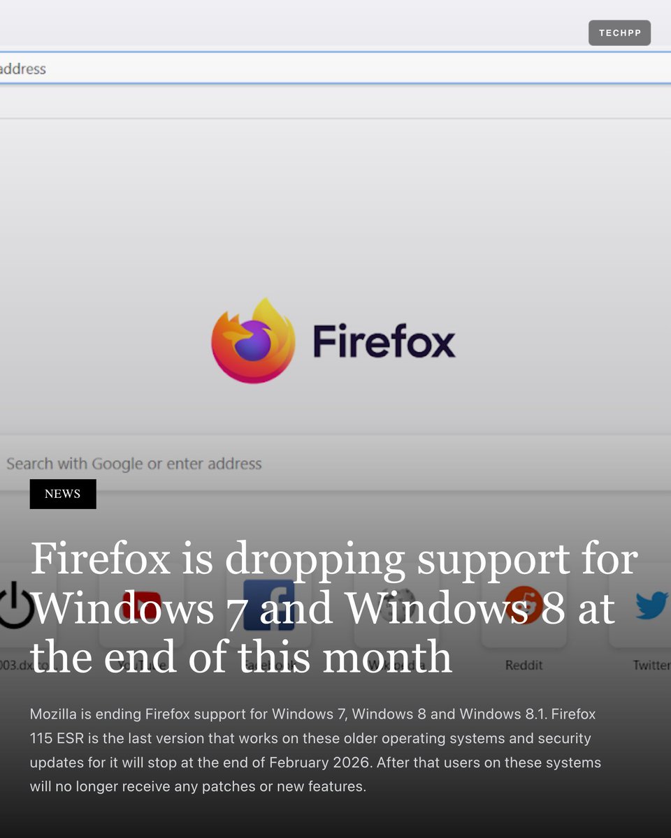 techpp's tweet image. Firefox is dropping support for Windows 7 and Windows 8 at the end of this month

#Mozilla #Firefox #Windows7 #Windows8 #Browser
