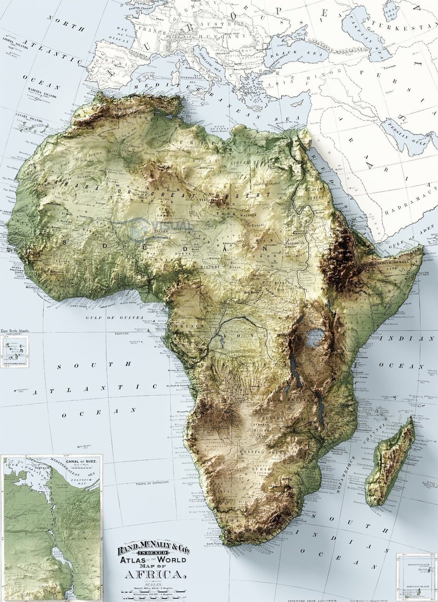 t_swrld's tweet image. Relief map of the most diverse continent on the planet.

Up north is the Sahara and the Sahel. Towards the equator, is the Congo basin. And down south is the Kalahari.