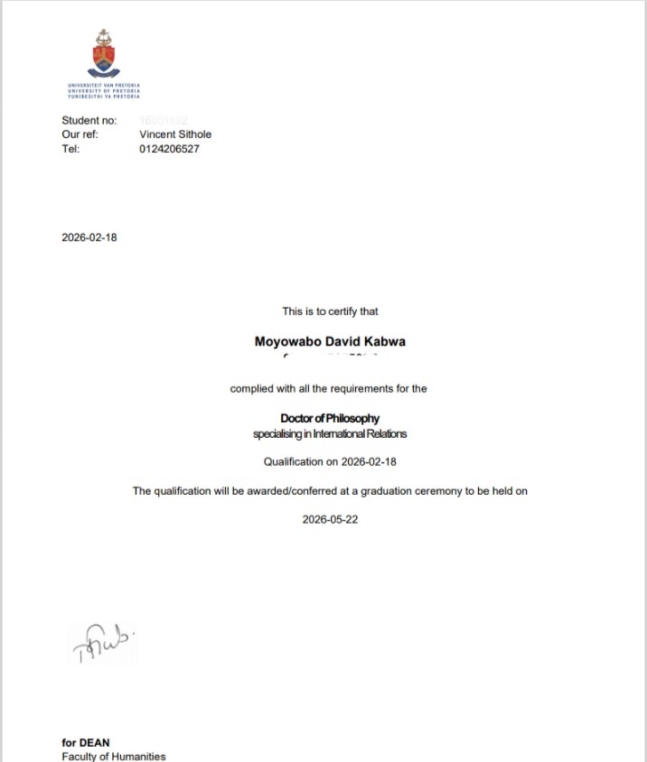 PhD- African Shared Values in Policy Development: Outcome of the African Union Transitional Justice Policy, examines how African shared values have shaped the African Union Transitional Justice Policy, grounding the study within an emancipatory critical theory framework.