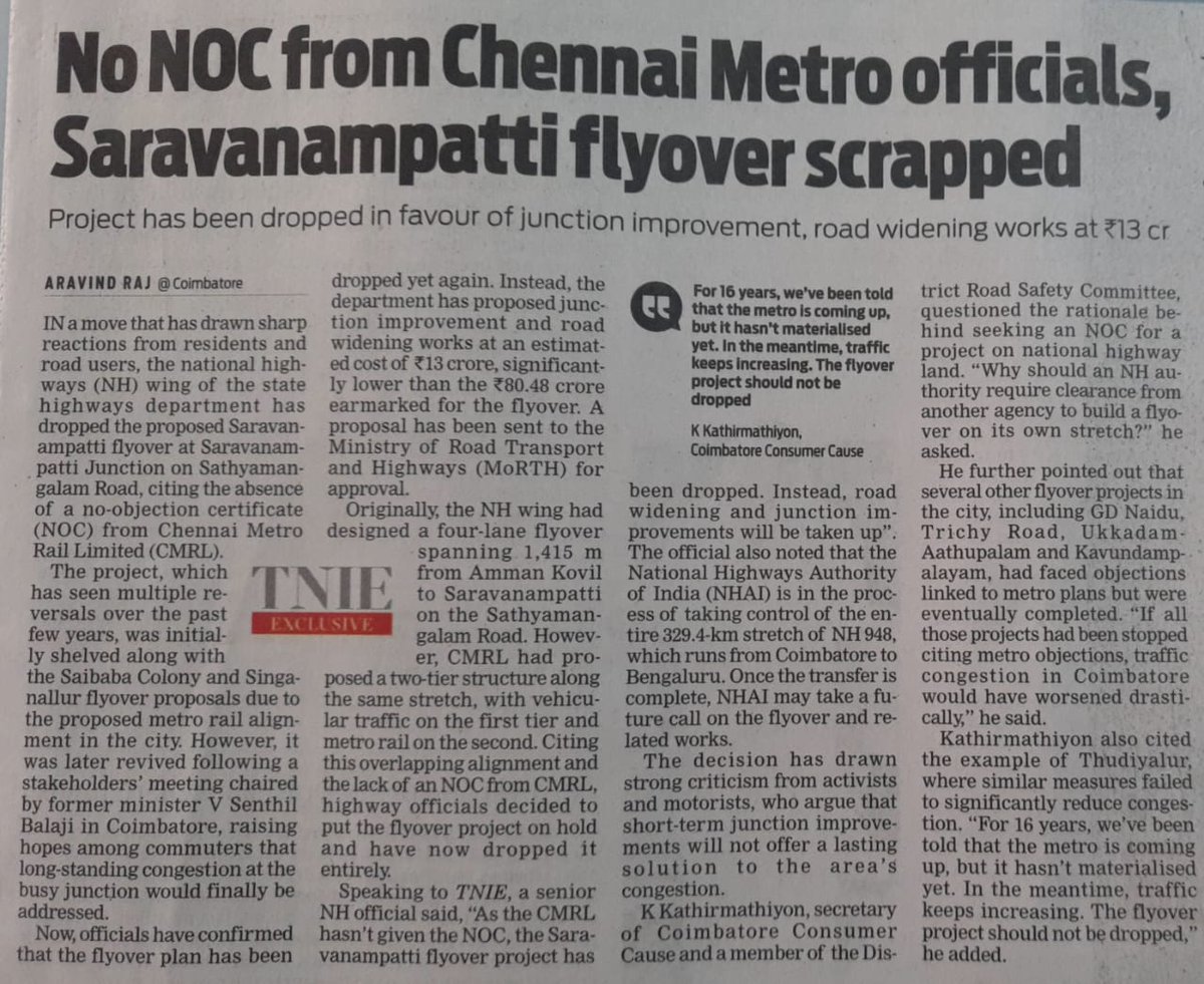Flyovers vs Metro at #Coimbatore. Both serve different purposes. Public &amp; Private transport facilities are important for the development of the economy &amp; environment.

#Nitingadkari #EVVelu #Flyover #metro #city #coimbatoreupdates
#thenewindianexpress #Tnie