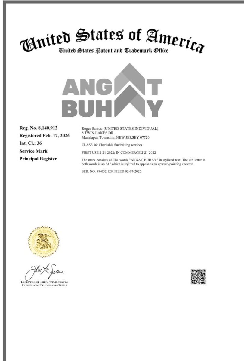 CrushMajor's tweet photo. Angat Buhay USA 💞

Honored to present to  Mayor Leni Robredo the official ANGAT BUHAY trademark registration issued by the U.S. Patent and Trademark Office — a significant milestone in protecting and strengthening our mission.

- Roger Santos https://t.co/7WpJUEP0U5