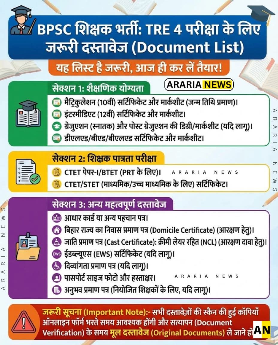 Rbind47's tweet image. बिहार लोक सेवा आयोग (BPSC) द्वारा आयोजित की जाने वाली चौथे चरण की शिक्षक भर्ती परीक्षा (TRE 4.0) के लिए कमर कस चुके अभ्यर्थियों के लिए डॉक्यूमेंट्स की सही जानकारी होना अनिवार्य है। 

भर्ती के दौरान छोटी सी गलती भी आपके चयन में बाधा बन सकती है।

आयोग द्वारा जारी संभावित कैलेंडर और