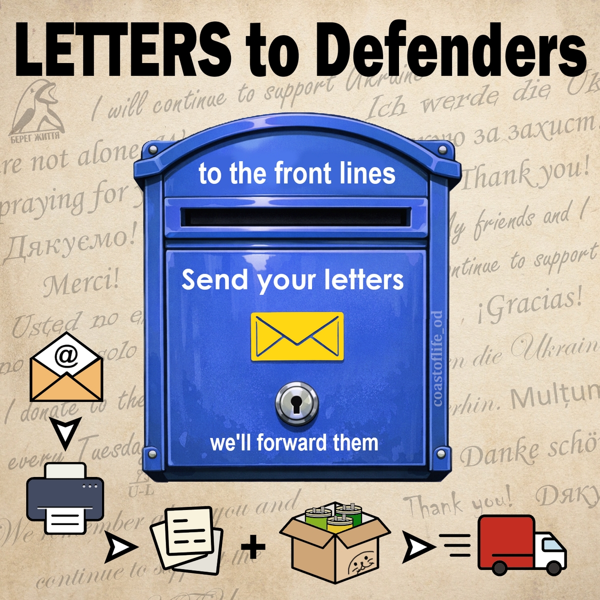 Send words of support to the defenders of 💙💛

Encouraging words boosts morale and gives them strength. Especially by people from other countries.

Write yours. <a href="/coastoflife_od/">Coast of Life</a> will print it and send to the defenders in 📦 with lifesaving stuff.

How it works 👇