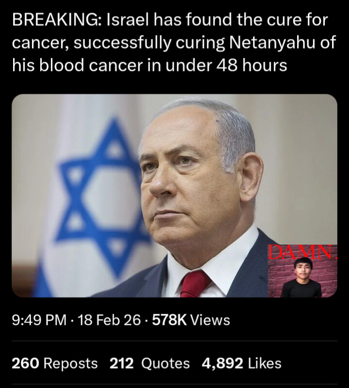 nwabuisi1's tweet photo. 🚨 "Israel cures cancer overnight & saves Netanyahu in 48 hrs!"
Spoiler: 100% fake. Official reports say NO cancer at all—just a benign prostate fix + UTI treatment.
Classic hoax/meme gone viral. Don't fall for it. 😂🤦♂️ #FakeNews #NetanyahuHealth https://t.co/y3npemAHby
