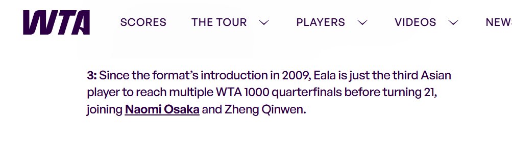 Is anybody talking about this?

"Since the format’s introduction in 2009, Eala is just the third Asian player to reach multiple WTA 1000 quarterfinals before turning 21, joining Naomi Osaka
 and Zheng Qinwen."  --WTA site
