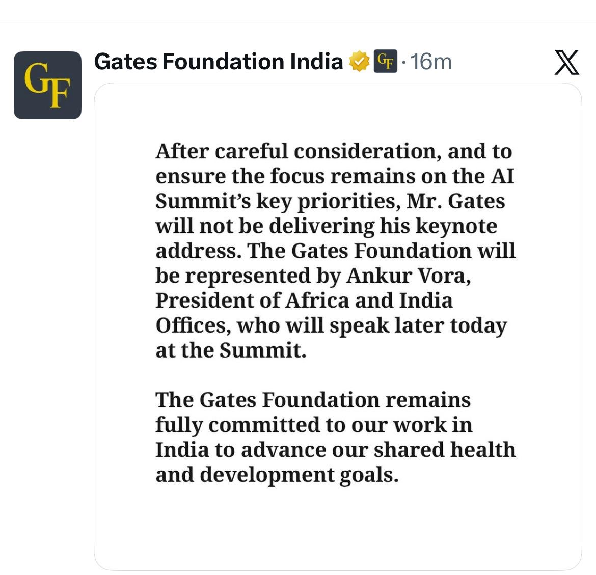 nksharma5565's tweet photo. बिल गेट्स का भाषण नहीं होगा। कारण नहीं दिया है?
#Apstein_File #BillGates #AIImpactSummit