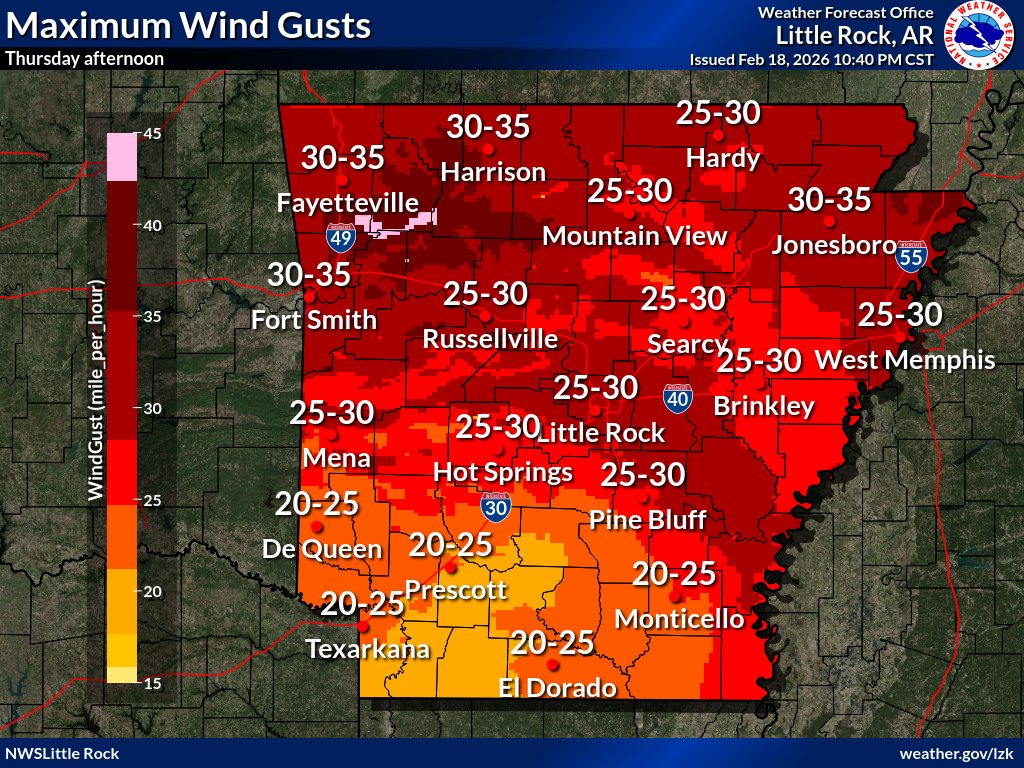 A Red Flag Warning is in effect for parts of AR from 9 am to 7 pm Thursday. As a dry cold front pushes across the state, the combination of RH values ≤ 25% and gusty winds up to 35 mph or more will lead to critical fire weather conditions across the warning area. #arwx