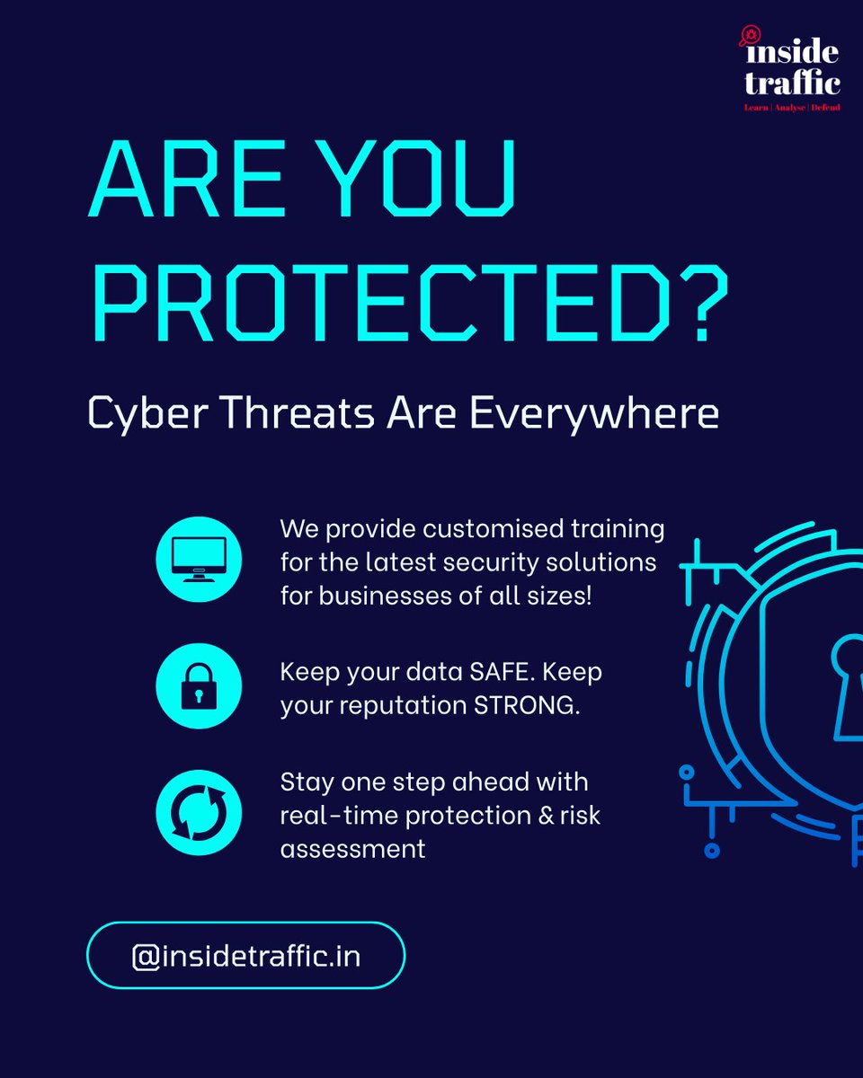 inside_traffic's tweet photo. Are you protected? Cyber threats are everywhere; most breaches start with small gaps, not “big hacks.” Inside Traffic helps with learning cybersecurity:
✅ customised cybersecurity training
✅ practical risk assessment
✅ step-by-step hardening for everyday tools. https://t.co/lzl6GGjH0D