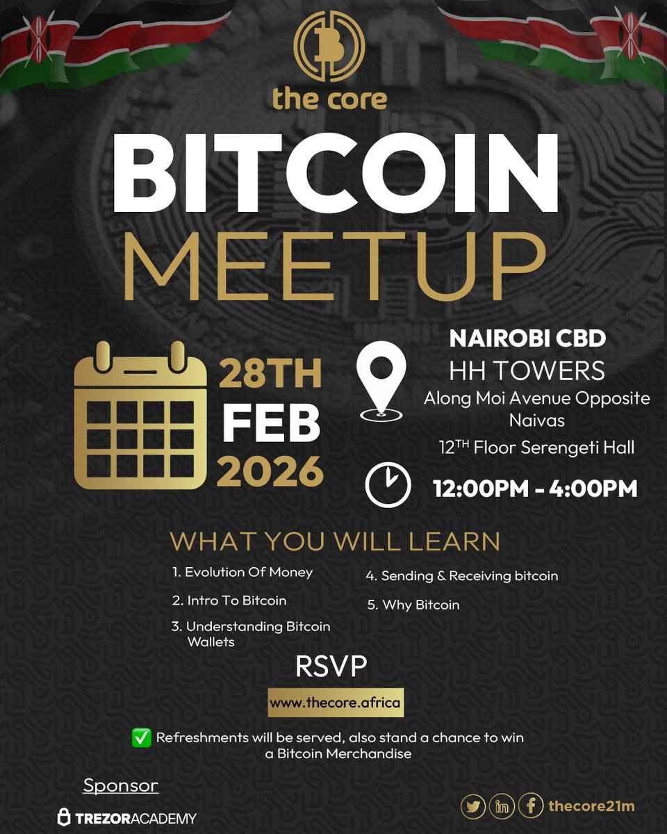📣 BITCOIN MEETUP 09  

Bringing #Bitcoin closer to you! We’re excited to announce our next monthly Bitcoin Meetup will happen on Saturday 28th  Feb  in Nairobi CBD, HH Towers . 

Are you curious about #Bitcoin? 

Join us for an in-person session where you’ll learn:

✅History if