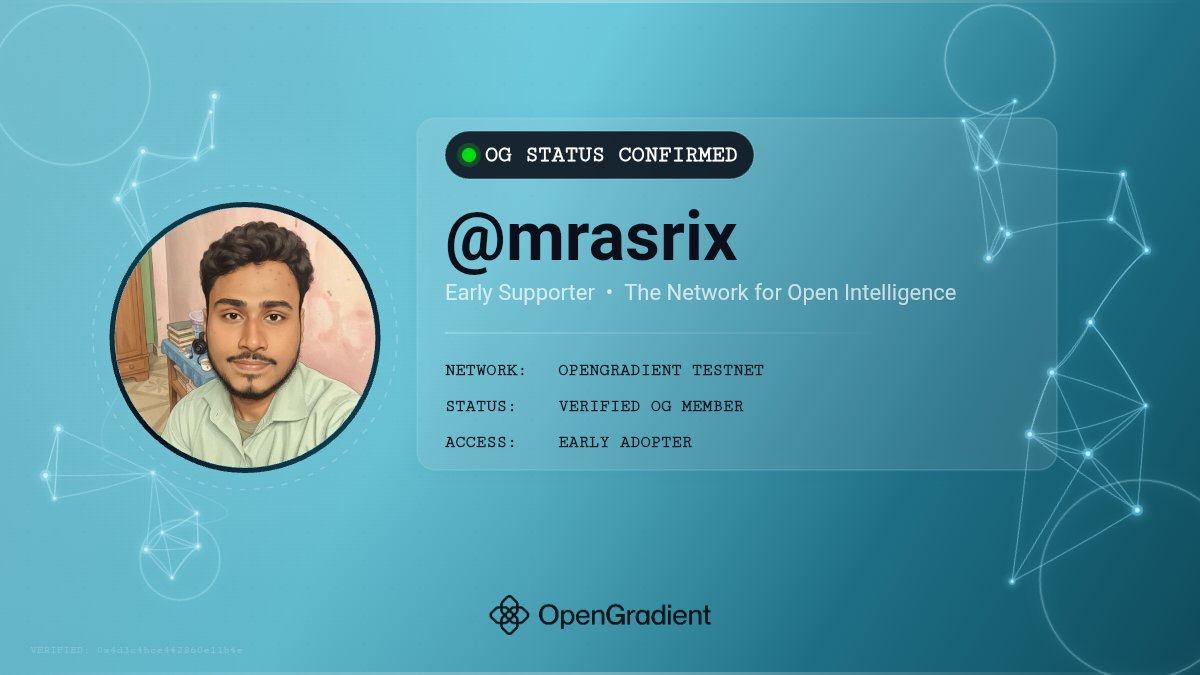 mrasrix's tweet image. I am very proud to be an OG contributor of @OpenGradient 🫡

Join now and get your OG role👇
discord.gg/TsWYJVXGW

gOpengradient 🔥