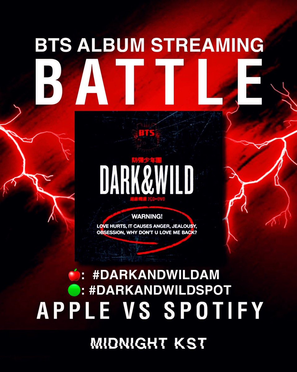 ❤️STREAMING BATTLE❤️

It's time to get a little Dark &amp; Wild 😈
Apple Music⚔️Spotify 

Pick a team,stream,&amp; battle tag it out!
⏰02.20.26 | 12AM 🇰🇷

Let's make #BTS echo loud in 2026!🔥
Push for streams &amp; an entry on🍎

BTS BUILD THE STREAMS
#DARKANDWILDAM #DARKANDWILDSPOT