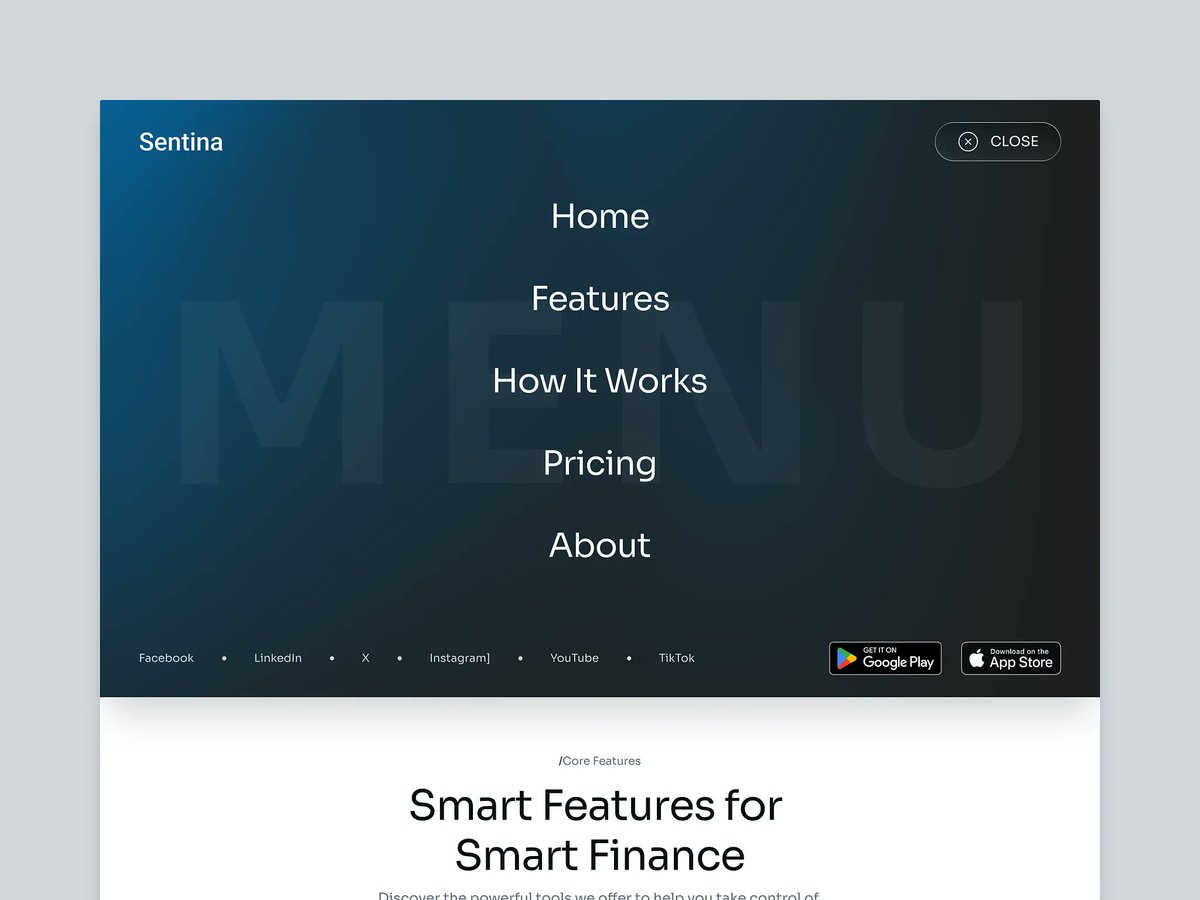 miawmiawstudio's tweet photo. Sentina — Navigation Menu UI

https://t.co/Z7G0Tm8Y10

The fullscreen dropdown menu allows users to explore key sections effortlessly — from features to pricing — while maintaining strong visual hierarchy.

#uiux #navigationmenu #webdesign #menu #fintech #finance #miawmiaw #webui https://t.co/6VQAor6NXb