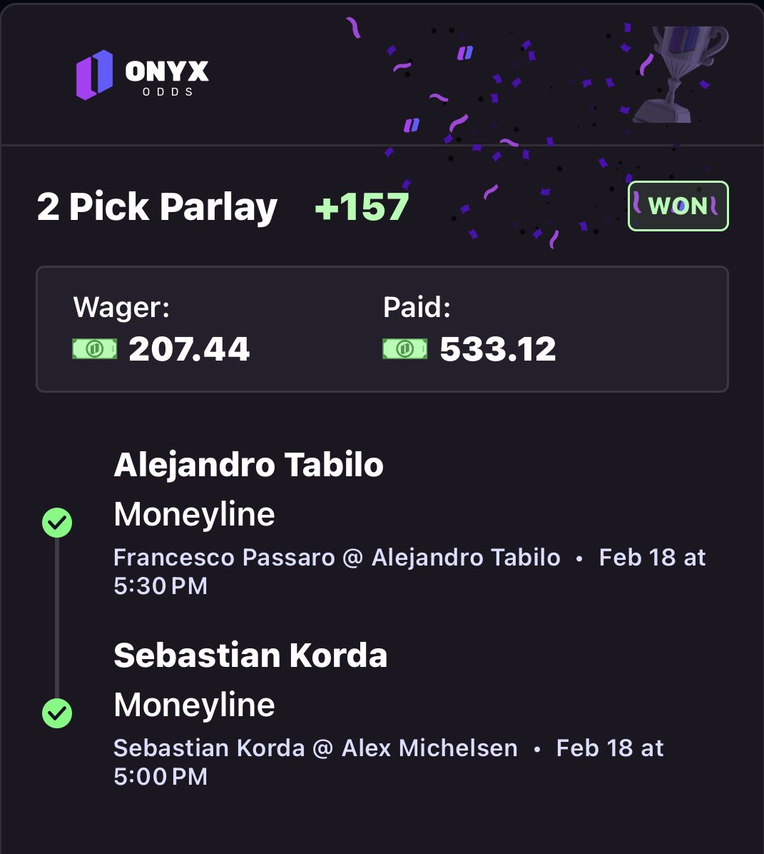 CASH EM BOTH✅✅

Facundo Diaz Acosta ML (+140)✅

Alejandro Tabilo + Sebastian Korda MLP (+157)✅

#Gambling𝕏 #OnyxOdds #BettingCommunity #TennisPicks