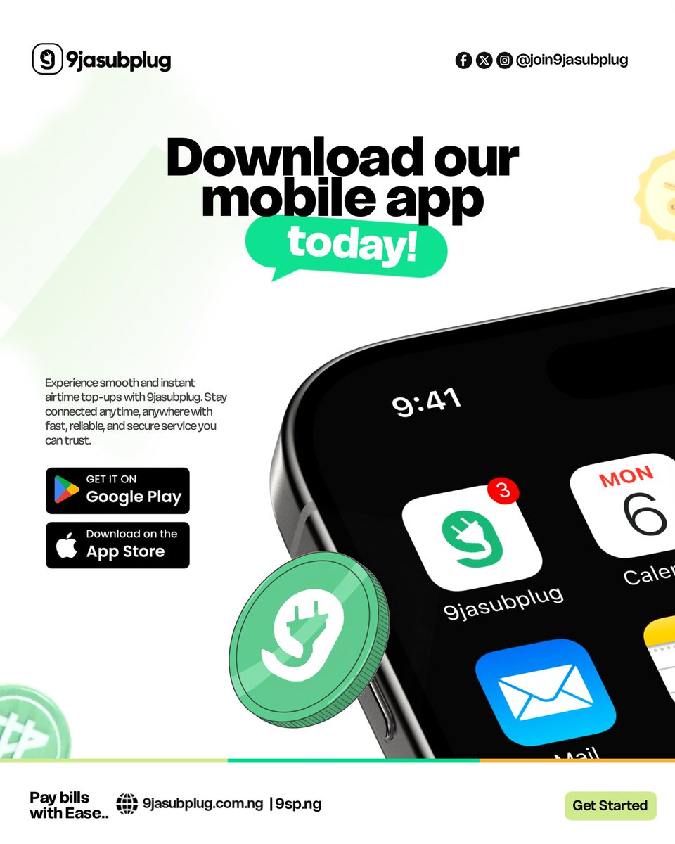 join9jasubplug's tweet photo. Say goodbye to slow top-ups! 🔌✨
Experience the smoothest way to manage your airtime and bills with the 9jasubplug mobile app. Fast, reliable, and built for your convenience.
Download now on the App Store and Google Play! 📲 https://t.co/WVk84rPN93
#9jasubplug #DataIsLife #PayWithEase