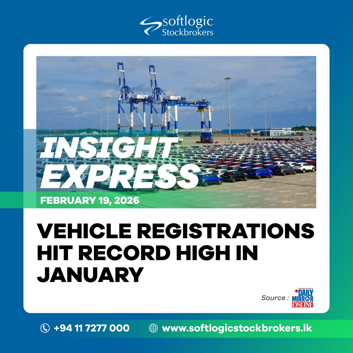 𝗧𝗼𝘁𝗮𝗹 𝗿𝗲𝗴𝗶𝘀𝘁𝗿𝗮𝘁𝗶𝗼𝗻𝘀 𝗰𝗹𝗶𝗺𝗯𝗲𝗱 𝘁𝗼 𝟱𝟱,𝟯𝟲𝟱 𝘂𝗻𝗶𝘁𝘀 𝗶𝗻 𝗝𝗮𝗻𝘂𝗮𝗿𝘆 𝟮𝟬𝟮𝟲, 𝘂𝗽 𝗳𝗿𝗼𝗺 𝟰𝟴,𝟱𝟮𝟱 𝘂𝗻𝗶𝘁𝘀 𝗶𝗻 𝗗𝗲𝗰𝗲𝗺𝗯𝗲𝗿 𝟮𝟬𝟮𝟱

Read more - dailymirror.lk/business-main/…

#Srilanka #Vehicles #Recordhigh #Dailymirror