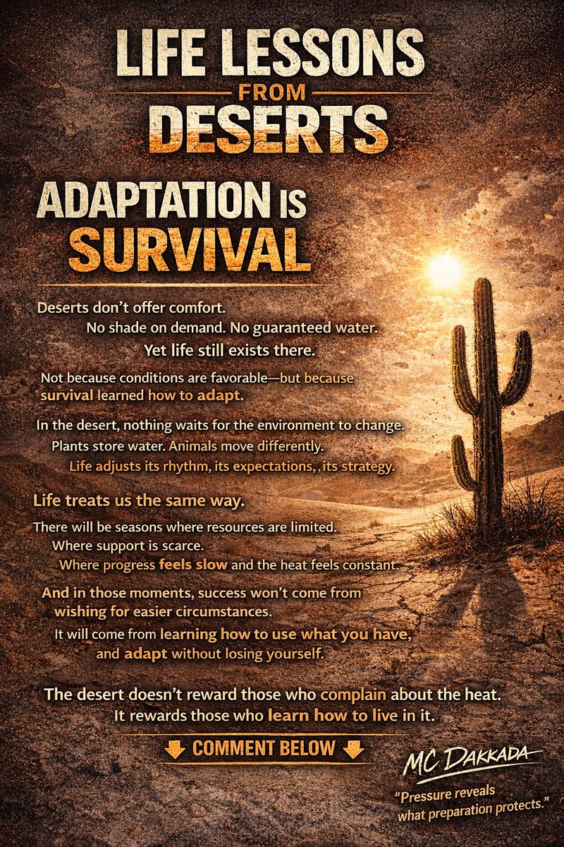 ds2580402's tweet photo. Life is harsh. Adapt or get left behind. 🌵💥
What desert season are you surviving right now? Comment below 👇
#AdaptToWin
#ResilienceMindset
#LifeLessonsDaily https://t.co/lQfelFMty8