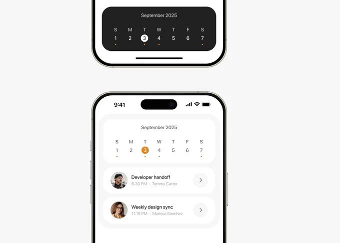 iOS 일정 앱 캘린더 위젯 — 라이트·다크 카드 UI