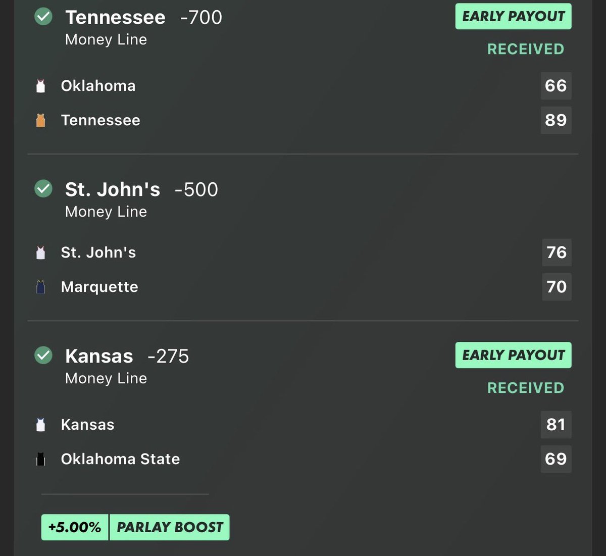 🔐And Cash this NCAAB Parlay from <a href="/I_Neeed_M0NEY/">Rock</a>, my boy is on a HEATER🔥

✅-115 3-Leg Parlay
✅Tennessee Money Line
✅St. John’s Money Line
✅Kansas Money Line

👉whop.com/wagerkingz