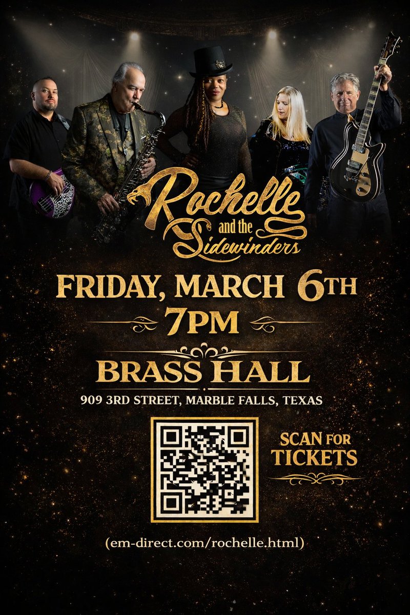 ANNOUNCEMENT: @RochelleBlues and the Sidewinders LIVE in Downtown Marble Falls on Friday, March 6th at @BrassHall, 7pm.  Ticket Link: (em-direct.com/rochelle.html) #blues