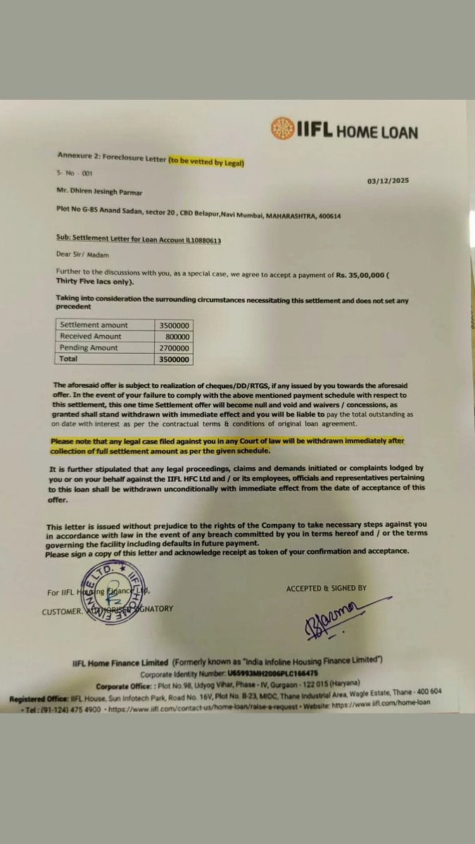 Dhiren091291's tweet photo. Public Advisory ⚠️
Settled my IIFL Home Loan as per settlement letter (03 Dec 2025).
✅ Full amount paid
❌ Loan not closed
❌ NOC not issued
❌ No response from branch/HO https://t.co/dn9F8kldTE