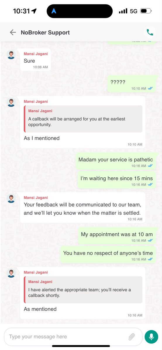 NeerSamtanee's tweet photo. @NoBrokerCare @nobrokercom 
After scheduling my property visit appointment at 10 am, waiting for the relationship manager to call or receive my calls for 30 mins at the property. Not getting proper response from cust care. They are asking me to wait till RM calls. https://t.co/Zs5E1fo9Zz