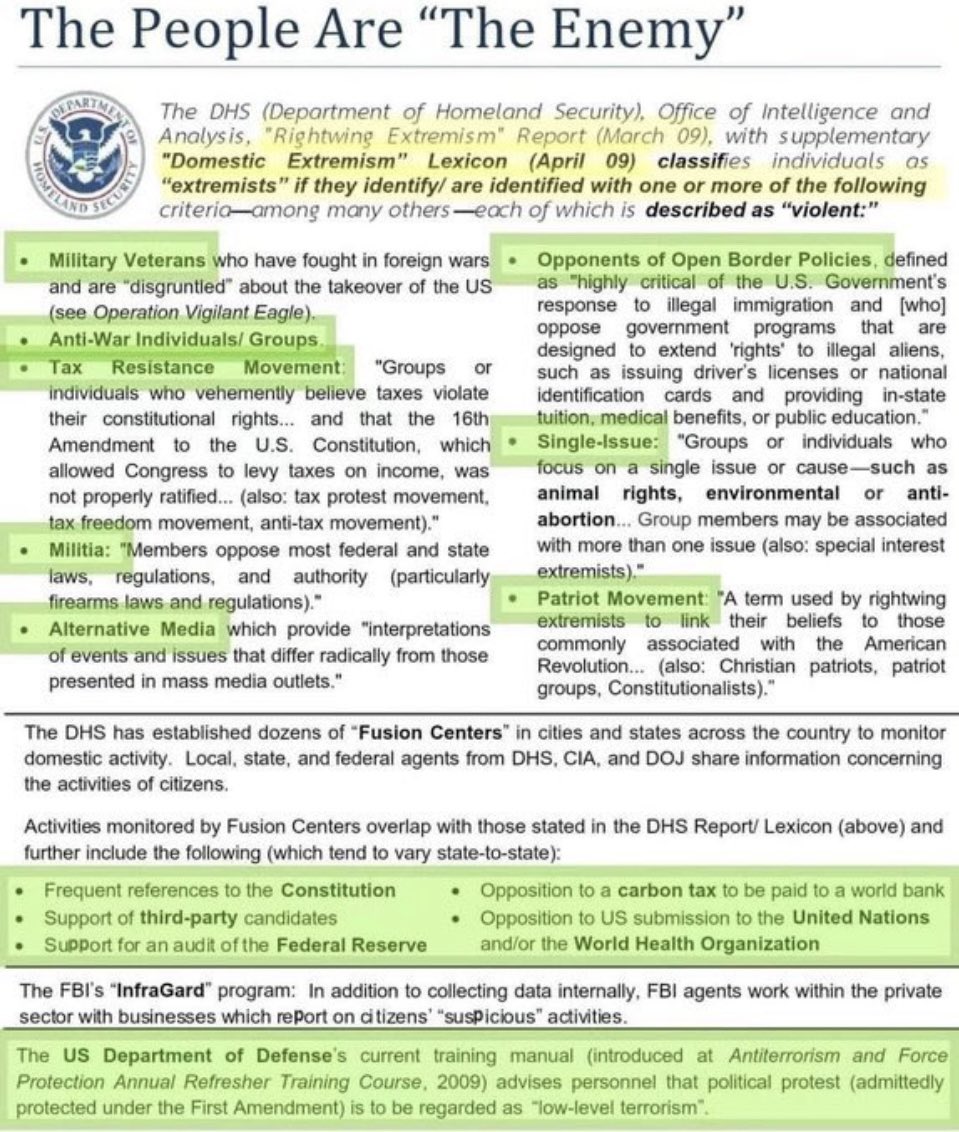 🔥 BREAKING 🔥

The DHS- Department of Homeland Security labels everyone against the Globalist Agenda the Enemy.

- Disgruntled Veterans
- Anti-War individuals
- Tax Resistance movements
- Those against overreaching oppressive laws 
- Alternative media
- Those against open