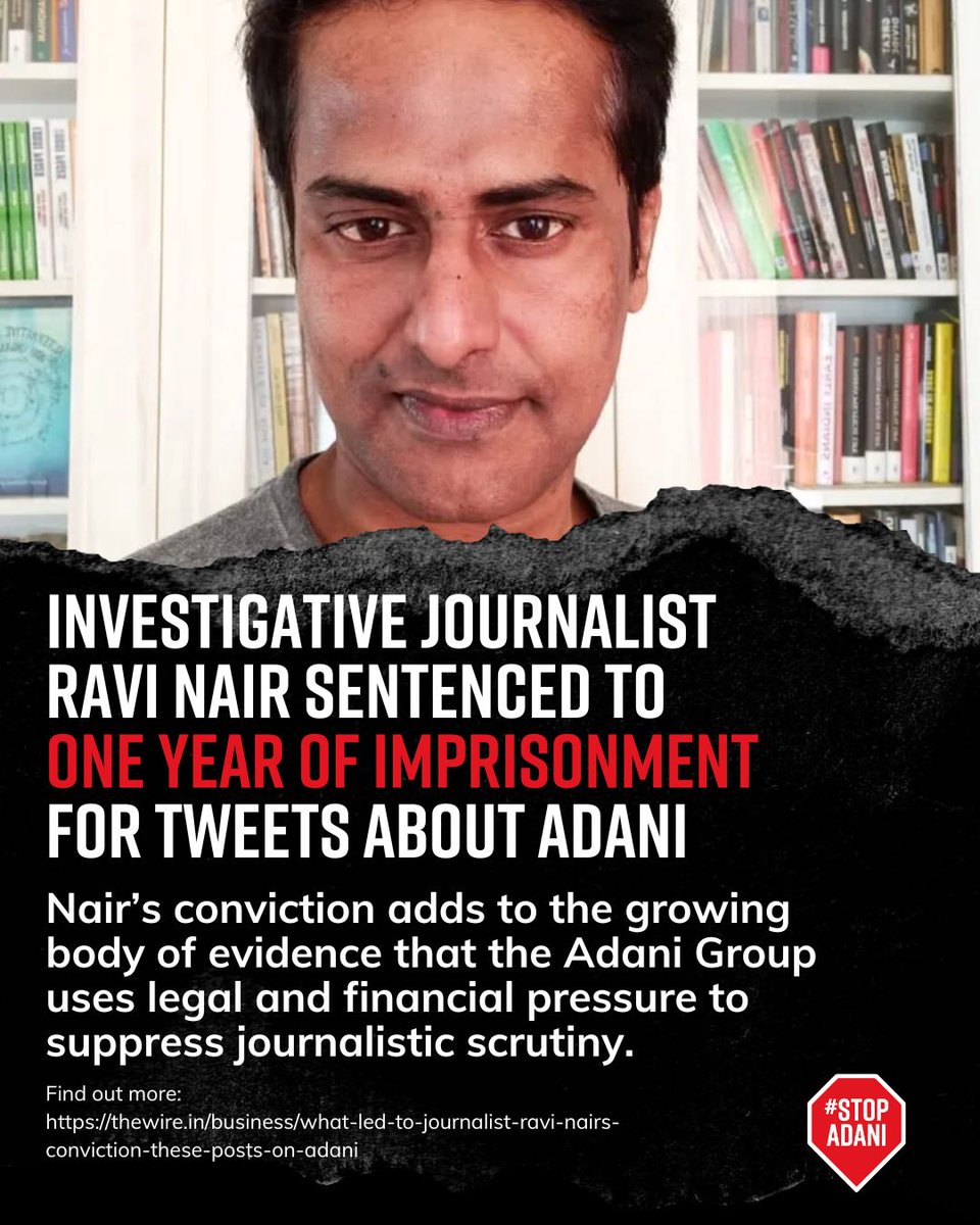 BenPennings's tweet photo. Investigative journalist Ravi Nair has been sentenced to ONE YEAR IN JAIL for tweeting about Adani 🤬 Both the Modi and Albanese governments allow Adani to corruptly use legal and financial pressure to silence critics and suppress scrutiny. Why is centi-billionaire coal baron Adani so afraid of the truth?

https://t.co/3q9ukLCAL2